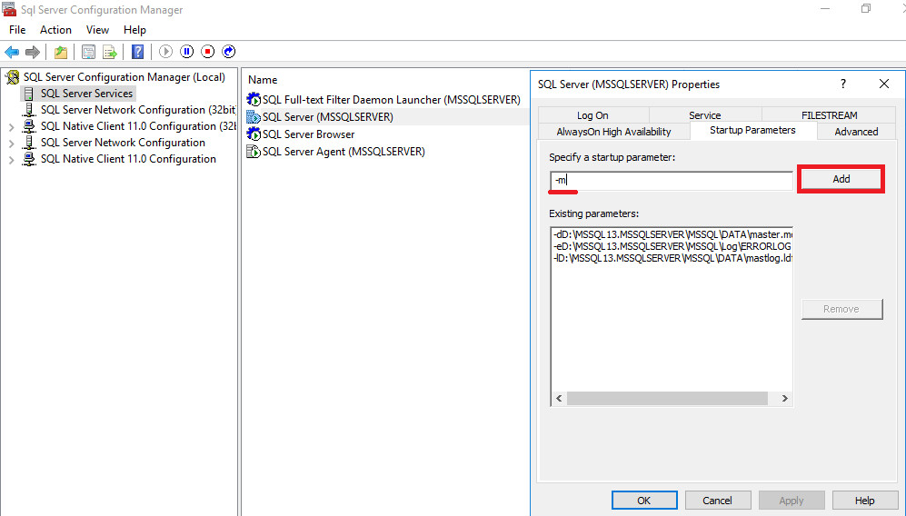 SQL Server Startup Parameter -m